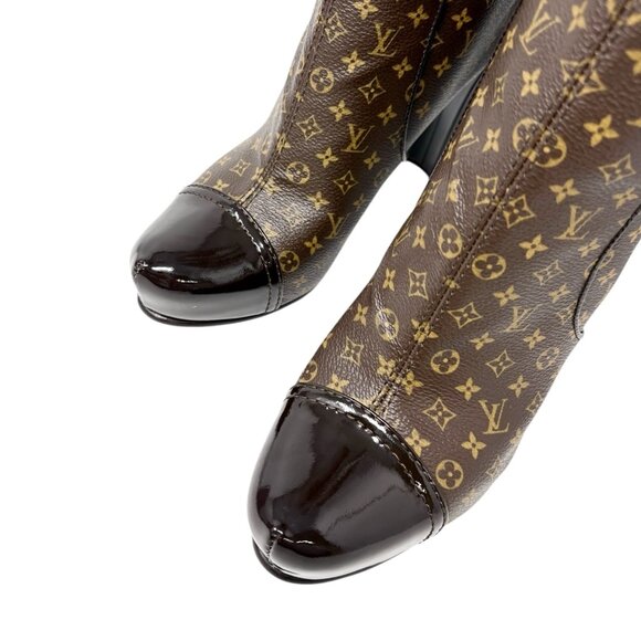 LOUIS VUITTON Vintage LV Monogram Long Boots #37.5 Heels Brown Black [106224] - Picture 10 of 13
